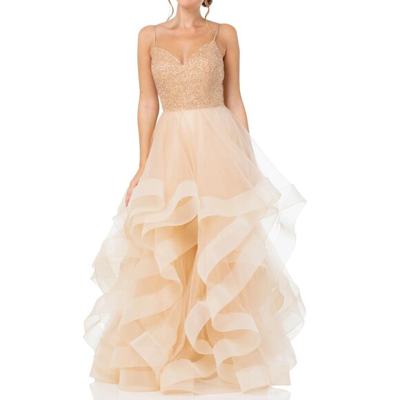 Formal Champagne Sequined Sweetheart Neckline Tulle Ball Gown Prom Dress 14 - Picture 2 of 8